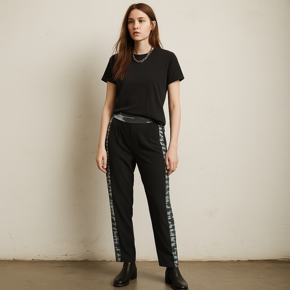 AllSaints Misty Tye Trousers Womens 2 Black Silk Tie Dye Trim Pants Indie Sleaze